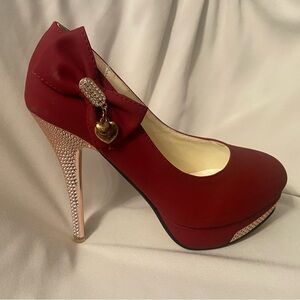 Elegant Deep Rose Pumps with 5” Rose gold Heel & gold tone & bow embellishments